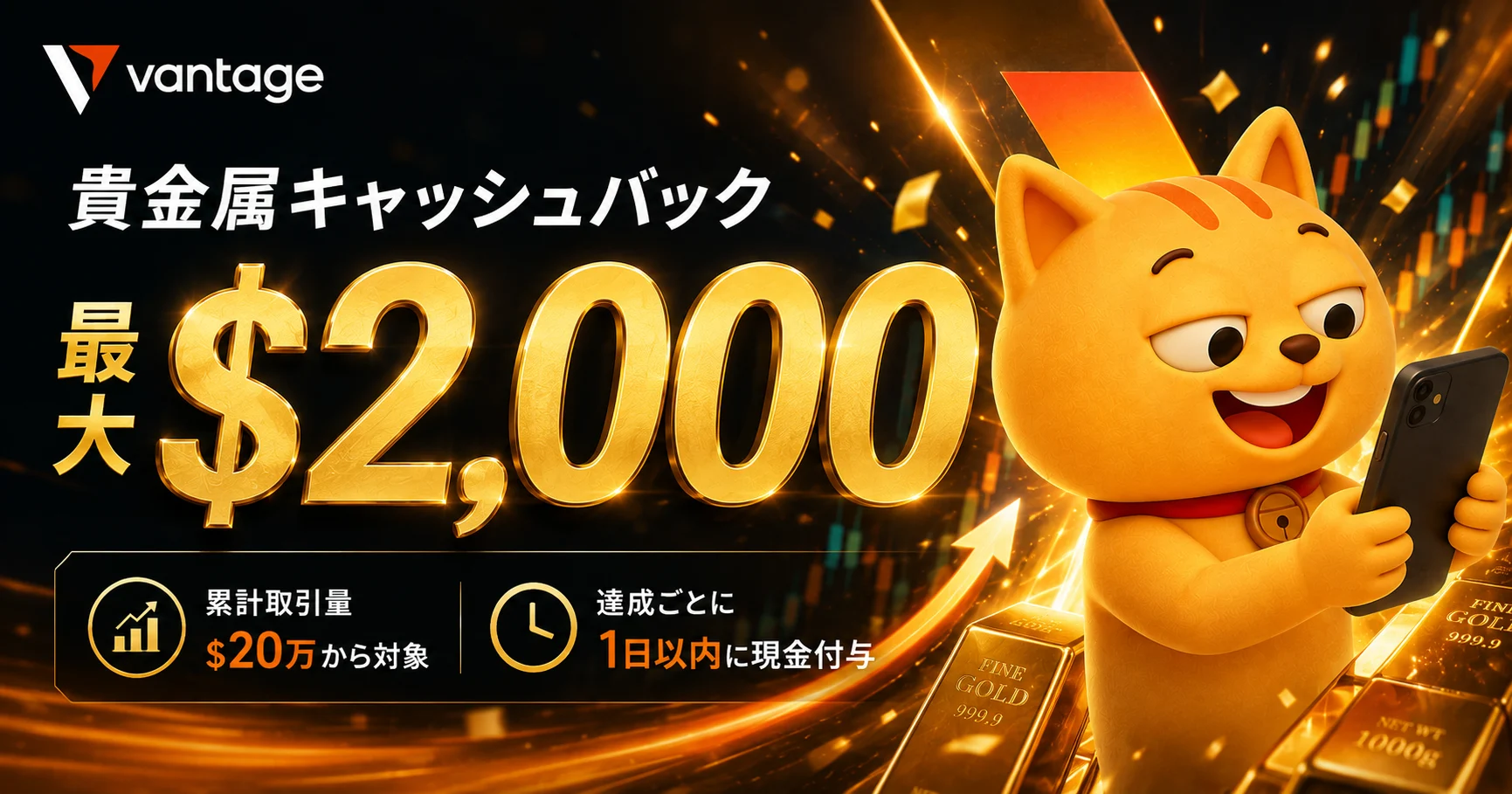 【Vantage × マネチャ】貴金属キャッシュバック 取引量に応じて最大$2,000