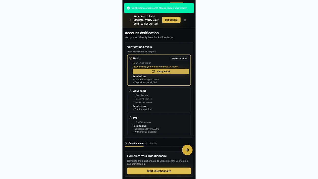 AxonMarkets 口座開設 認証メール送信完了の表示を確認