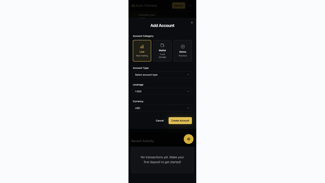 AxonMarkets 口座開設 My AccountsからAdd Accountモーダルを開く
