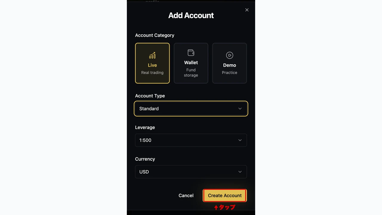 AxonMarkets 口座開設 口座タイプ・レバレッジ・基軸通貨を選択