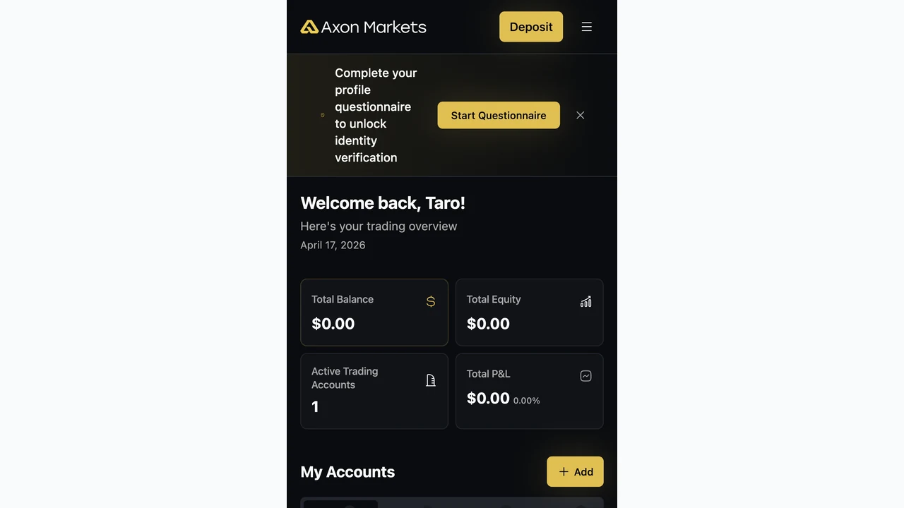 AxonMarkets 口座開設 My Accountsに作成済み口座が表示され開設完了