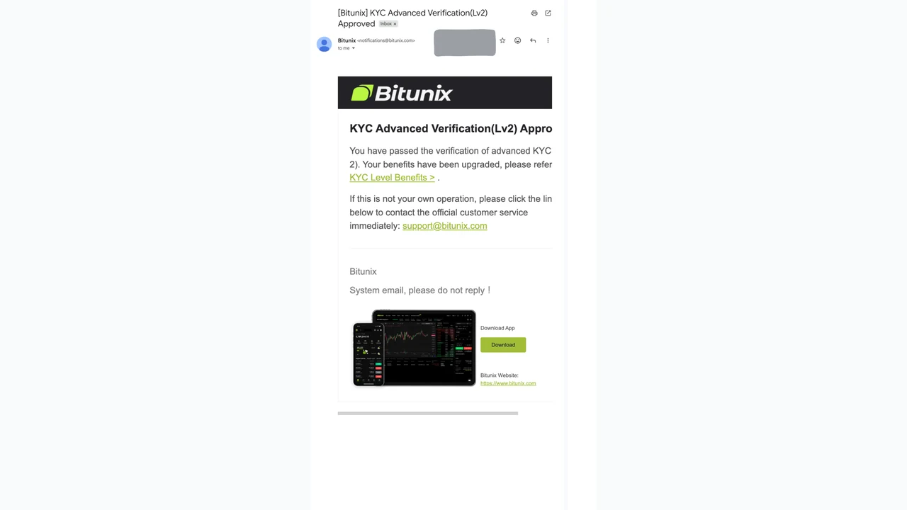 Bitunix 口座開設 KYC認証完了メールを受信する
