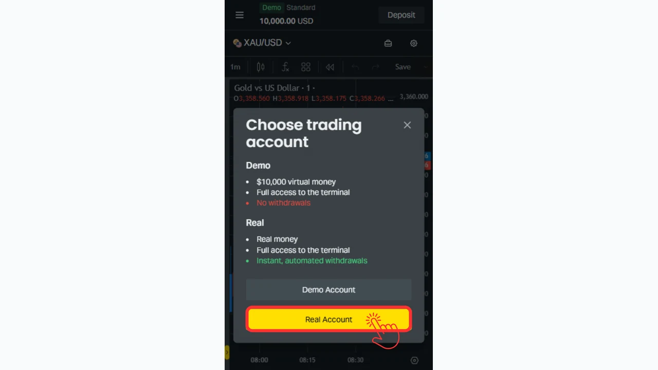 Exness 口座開設 Real Accountをタップする