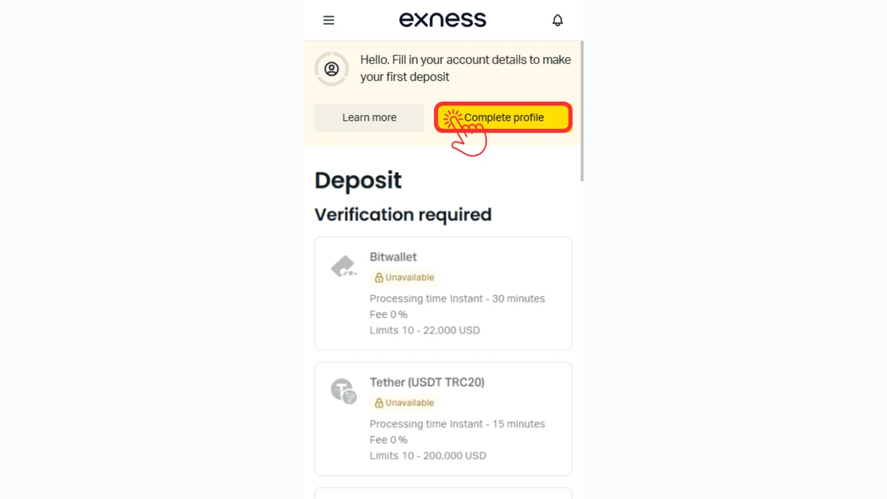 Exness 口座開設 Complete profileをタップして書類提出を開始
