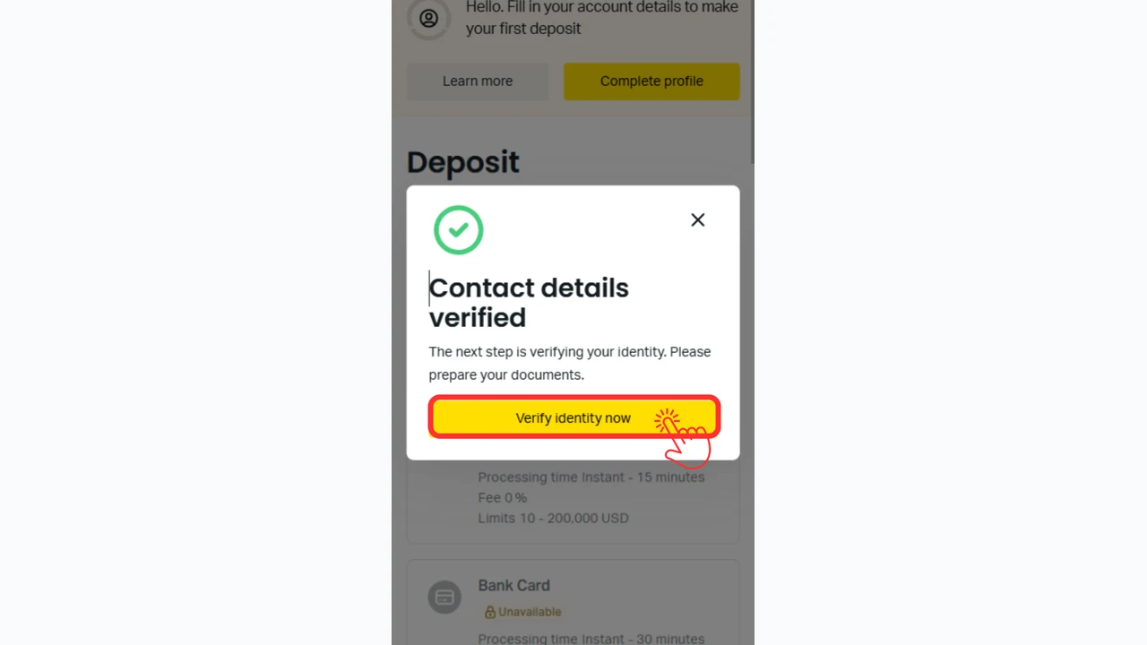 Exness 口座開設 Verify identity nowをタップして身分証提出に進む