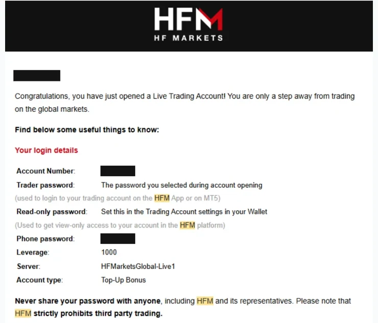 HFM 口座開設 手続き完了を確認